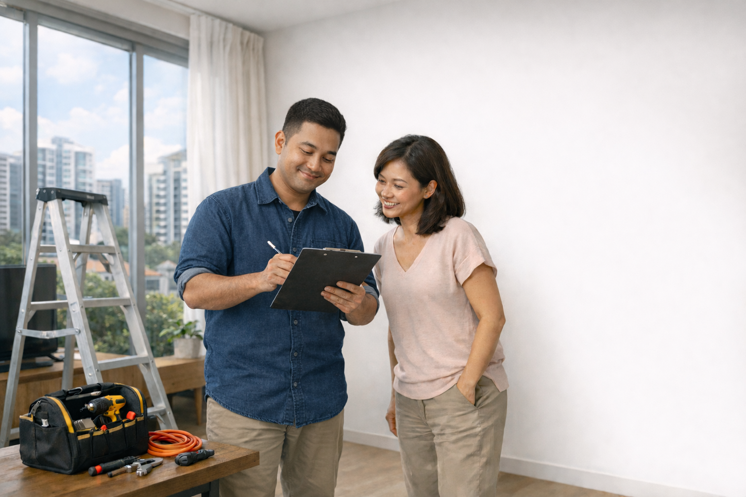 Forhad handyman helping a homeowner in a Singapore apartment